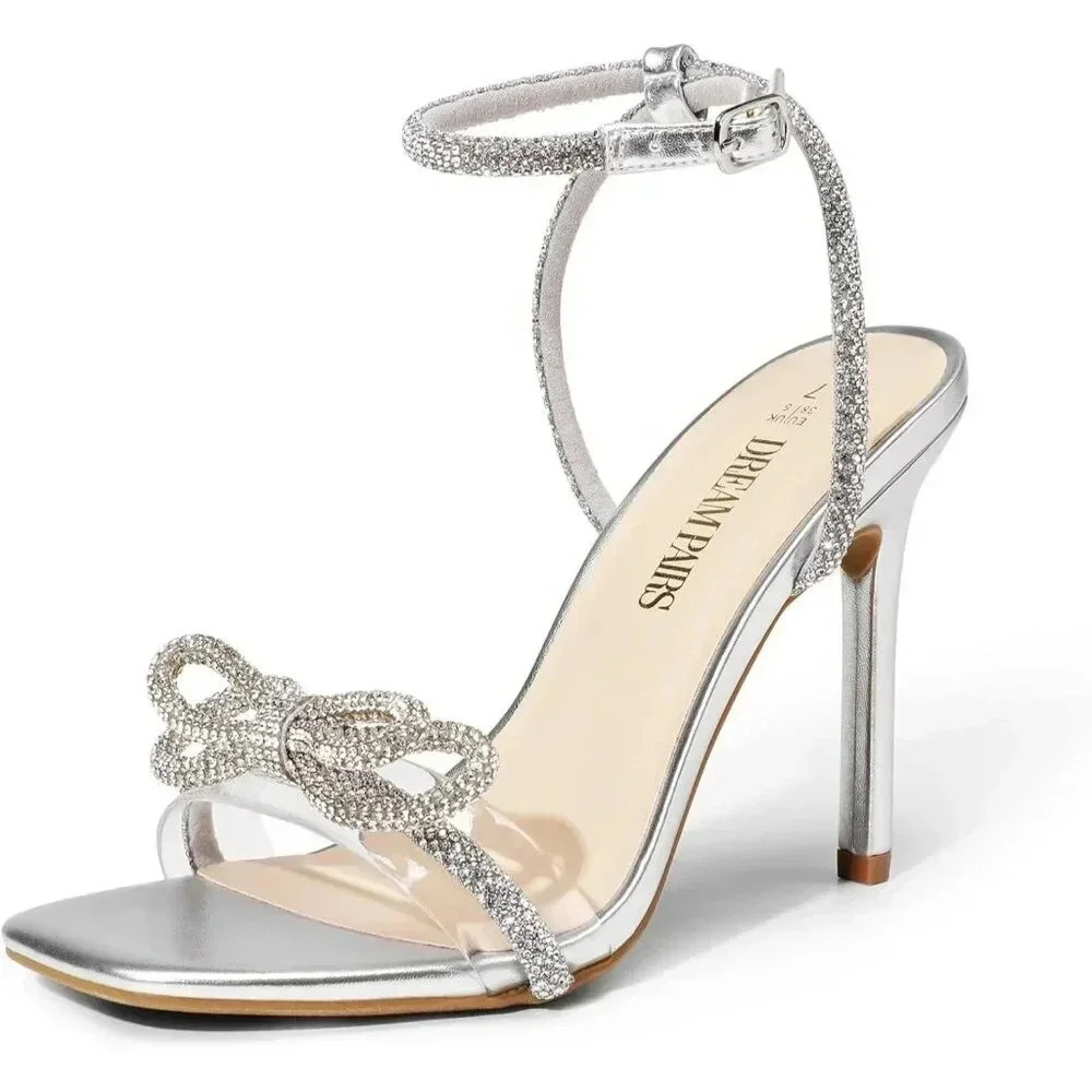 Women's Silver Double Bowknots  Crystal Sandals Clear Slingback Heels
